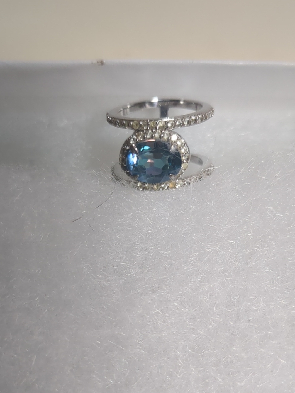 JTV Silver Ring with Blue Oval Crystal and Halo Accents